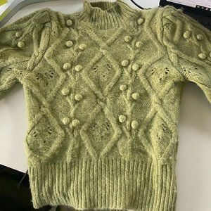Green Turtleneck w/ Shoulder Pads and Pom Detail